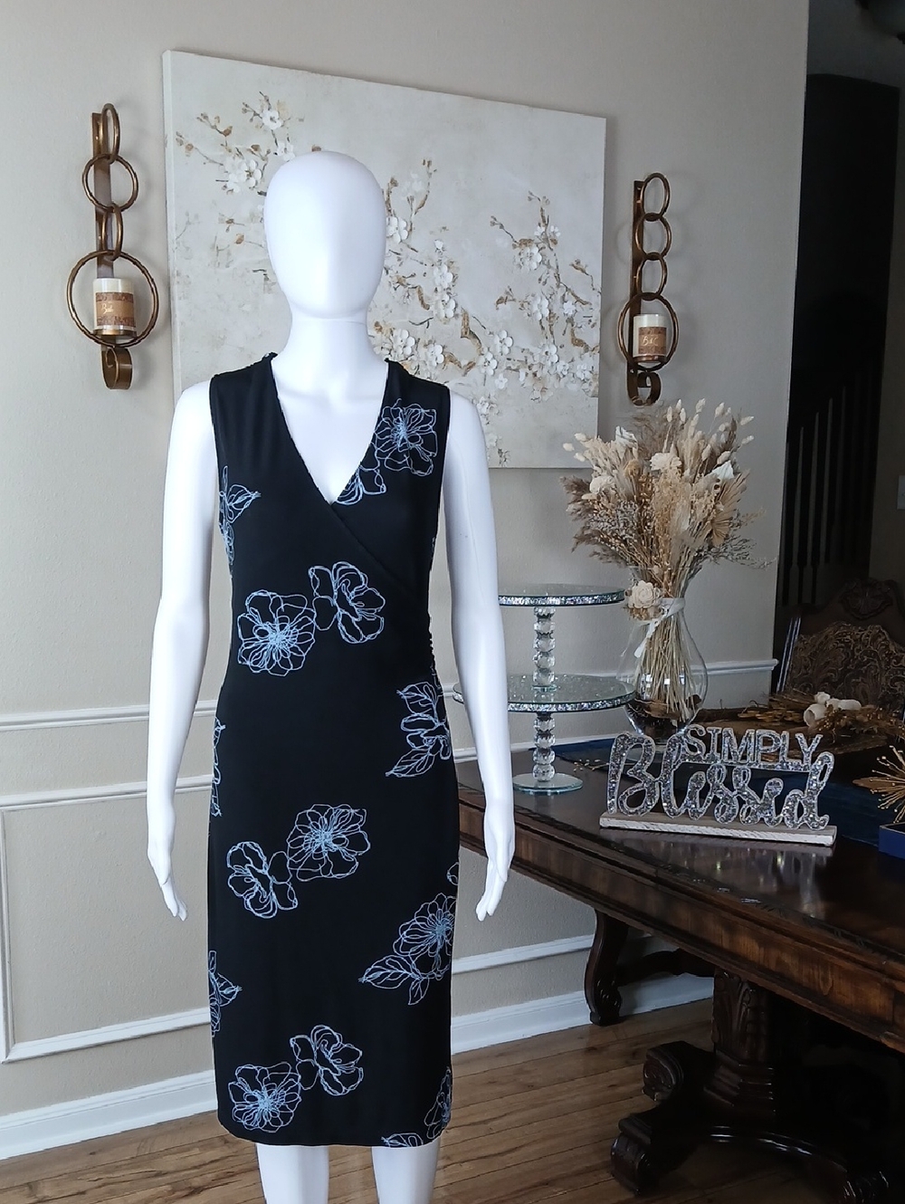Women's Sleeveless Faux Wrap V-Neck Black Floral Summer Dress Medium